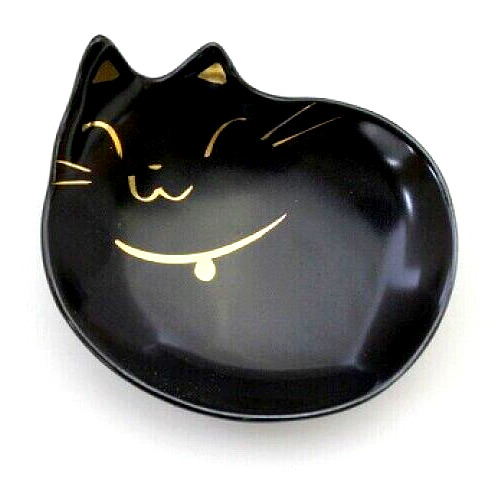 Japanese Handmade Small Plate Cat Shape Black Gold Line Pottery Seto ware