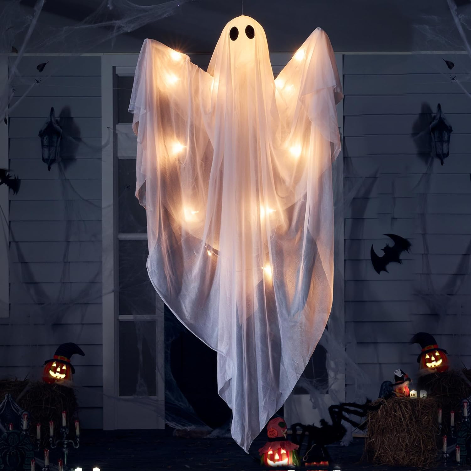 2 Pcs 47 In Halloween Hanging Light Up Ghost Decor, Warm LED Timer Set