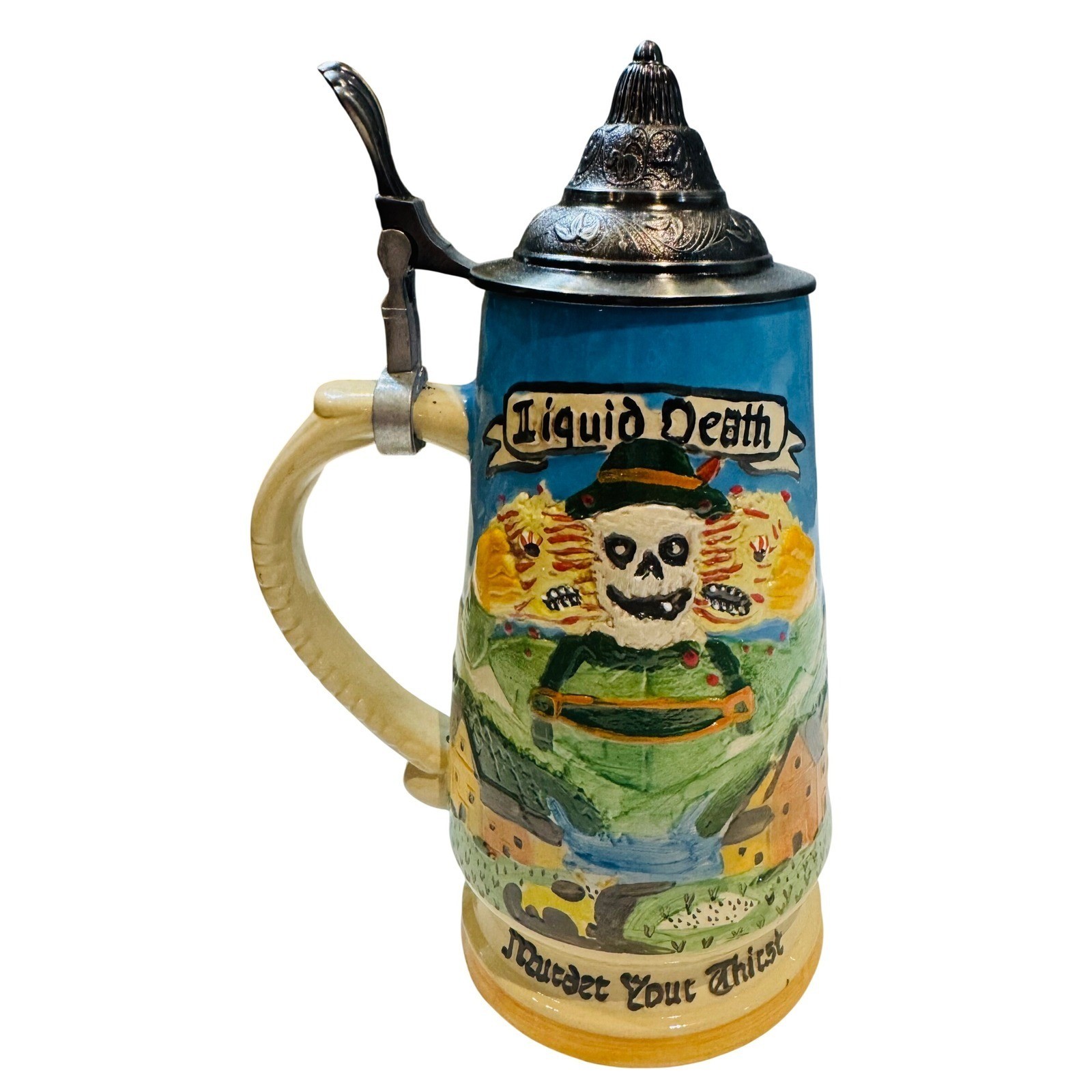 Halloween Liquid Death Prost Mortem Beer Stein Discontinued Rare Hand Painted