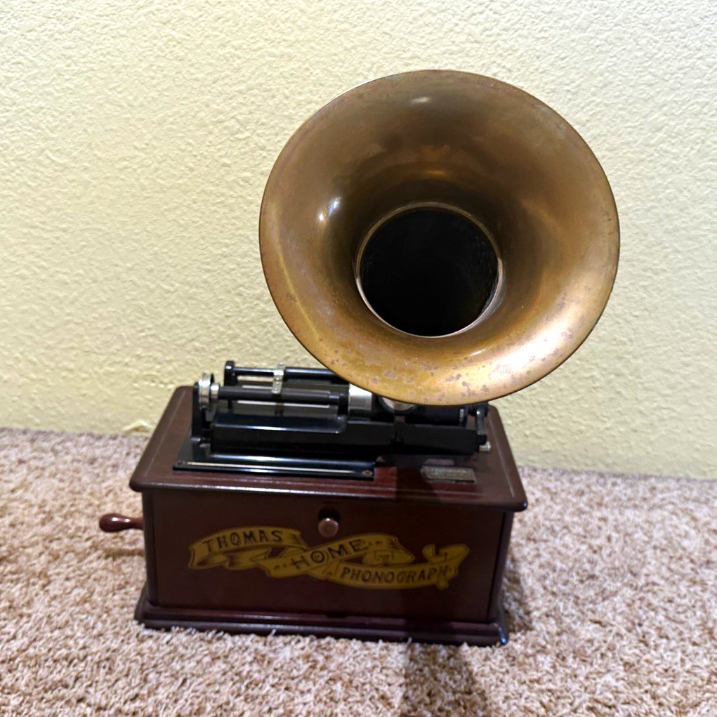 Vintage Thomas Home Tabletop Phonograph Cylinder Player w/ Horn, Wood Cabinet