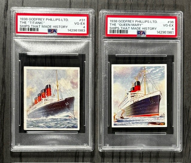 Lot of 2 1938 Godfrey Phillips Ships Made History - Titanic & Queen Mary - PSA-4