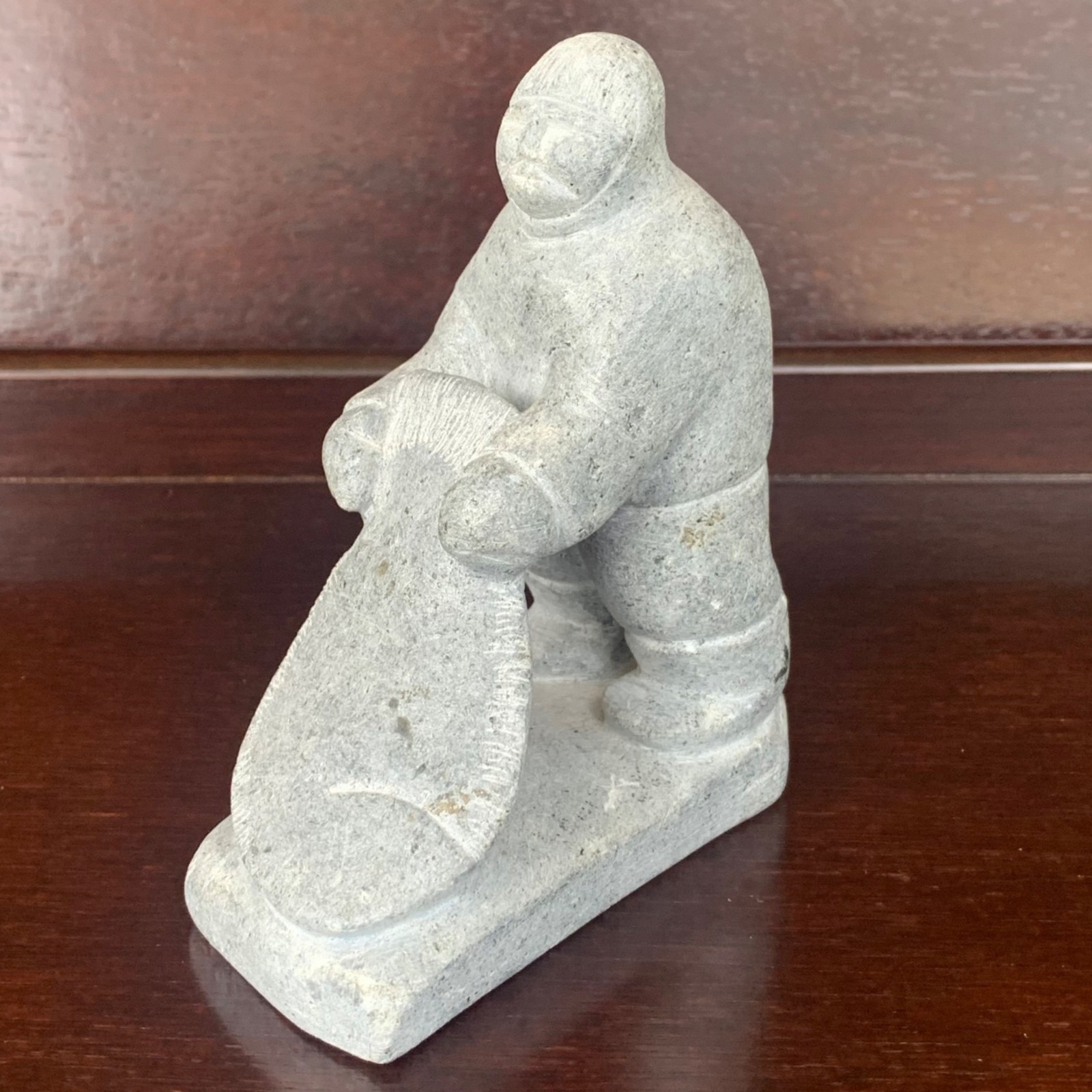 Inuit Soapstone Sculpture Signed Kedare Fisherman Holding Fish 4.25 x 3.5 x 2   