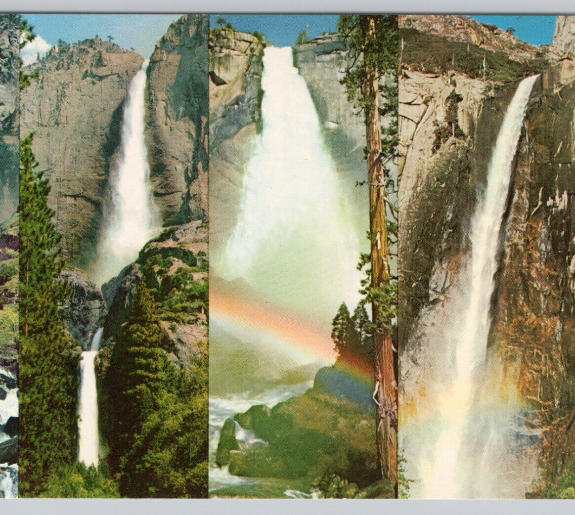 Four Falls Double Rainbows Yosemite Nat\'l Park Vernal NV 1960s VTG Postcard UNP