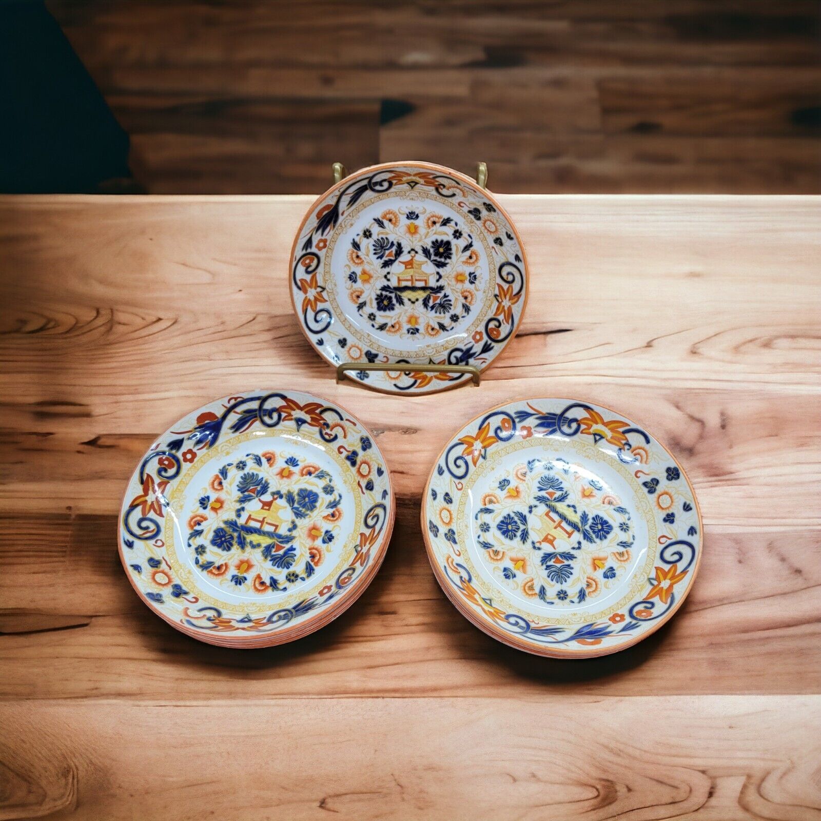 Antique Wedgwood Set of 8 Bowls Pagoda Imari Chinoiserie Orange Dark Blue 5.5\