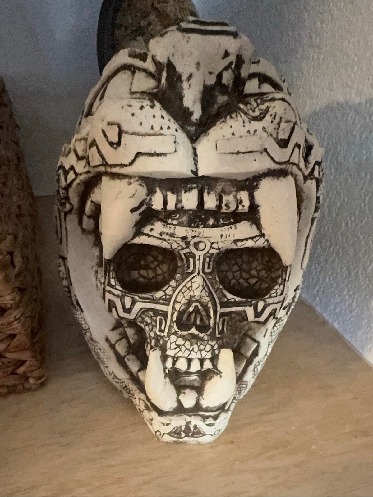 Jaguar Warrior Skull Statue Mexican Folk Art Hand Carved Resin Sculpture