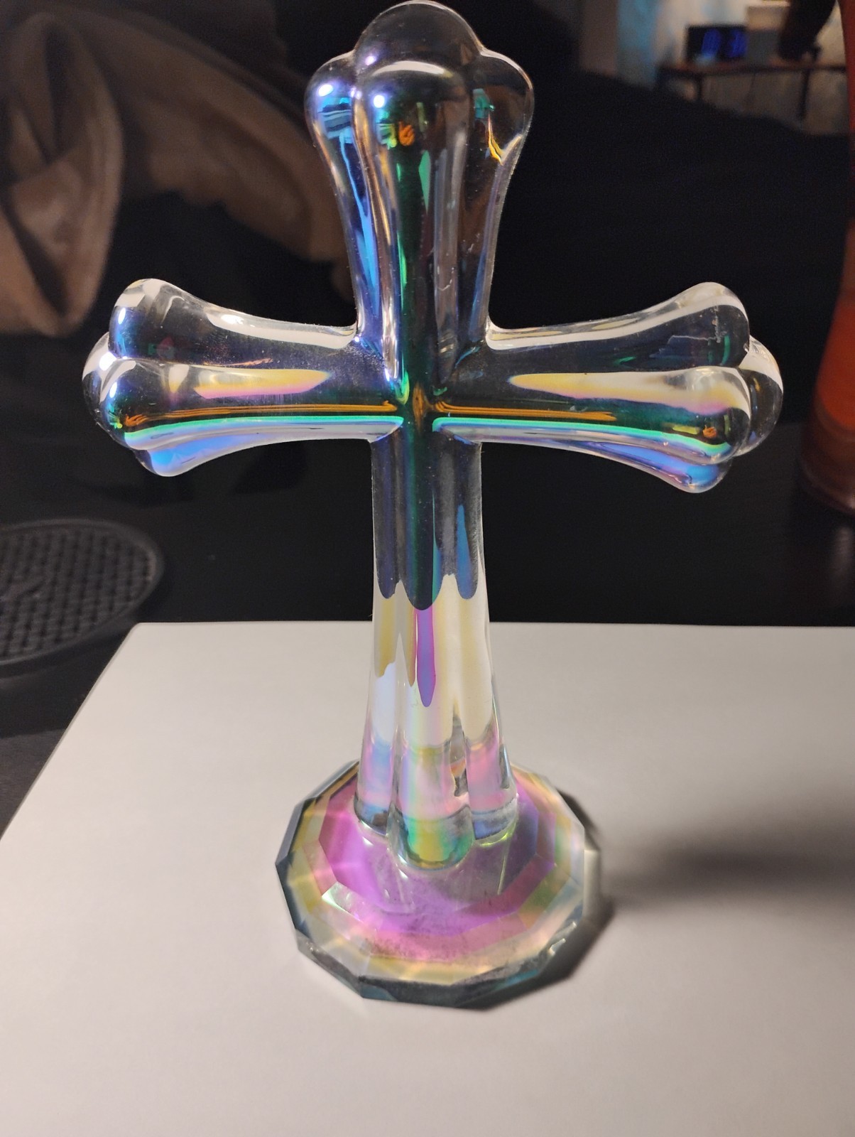 Beautiful Iridescent Glass Standing Cross Decoration  7\