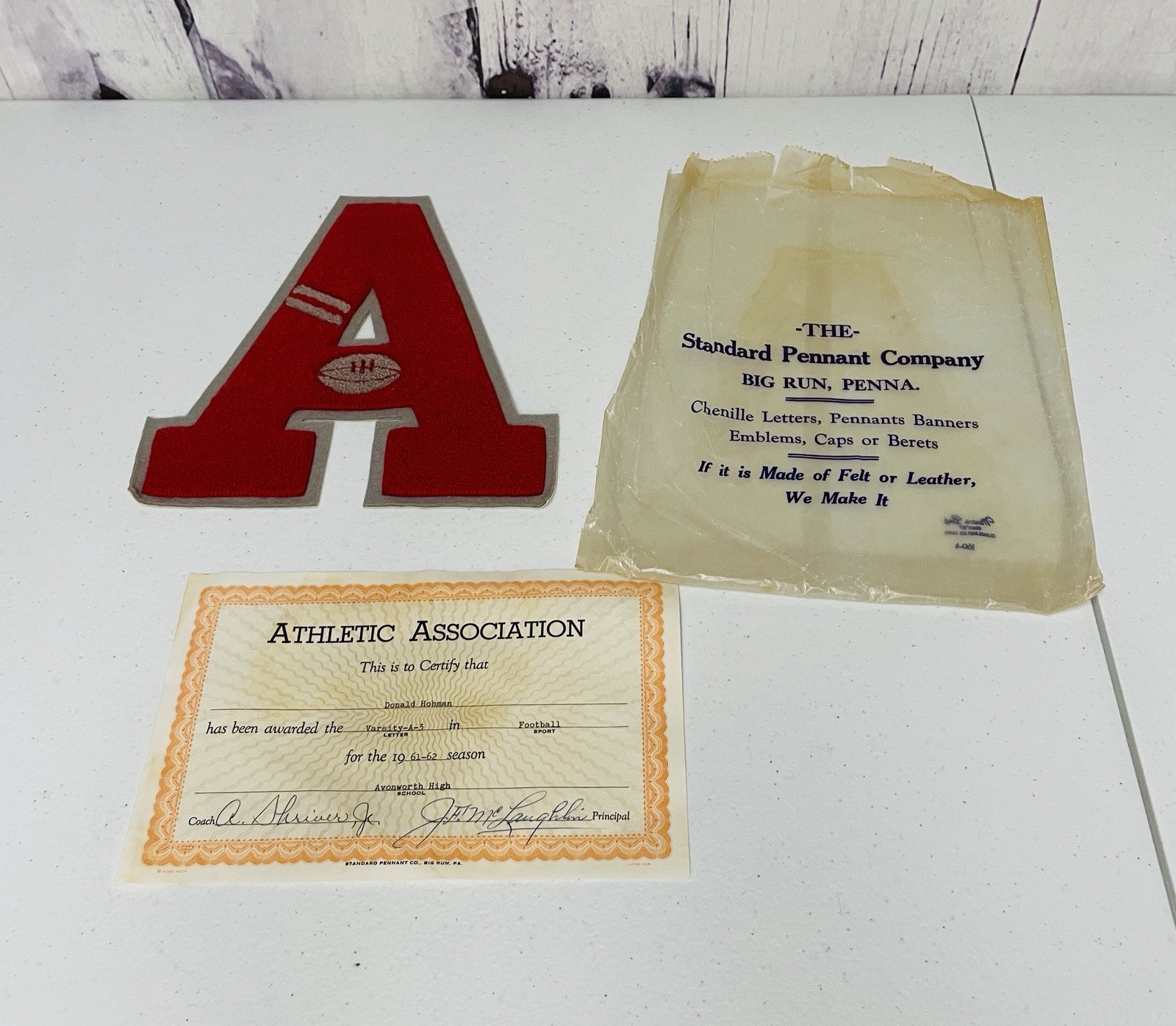 Vintage 1961-1962 Donald Hohman Avonworth High School Varsity Football Letter