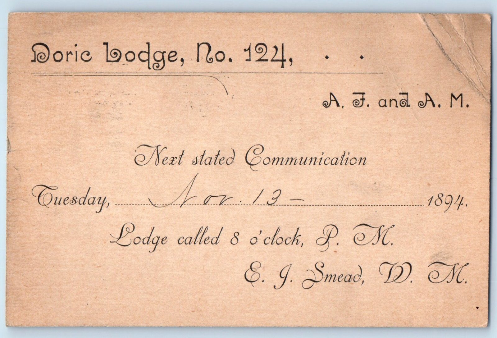 Lexington Kentucky KY Postal Card Masonic Doric Lodge No. 124 EJ Smead 1894
