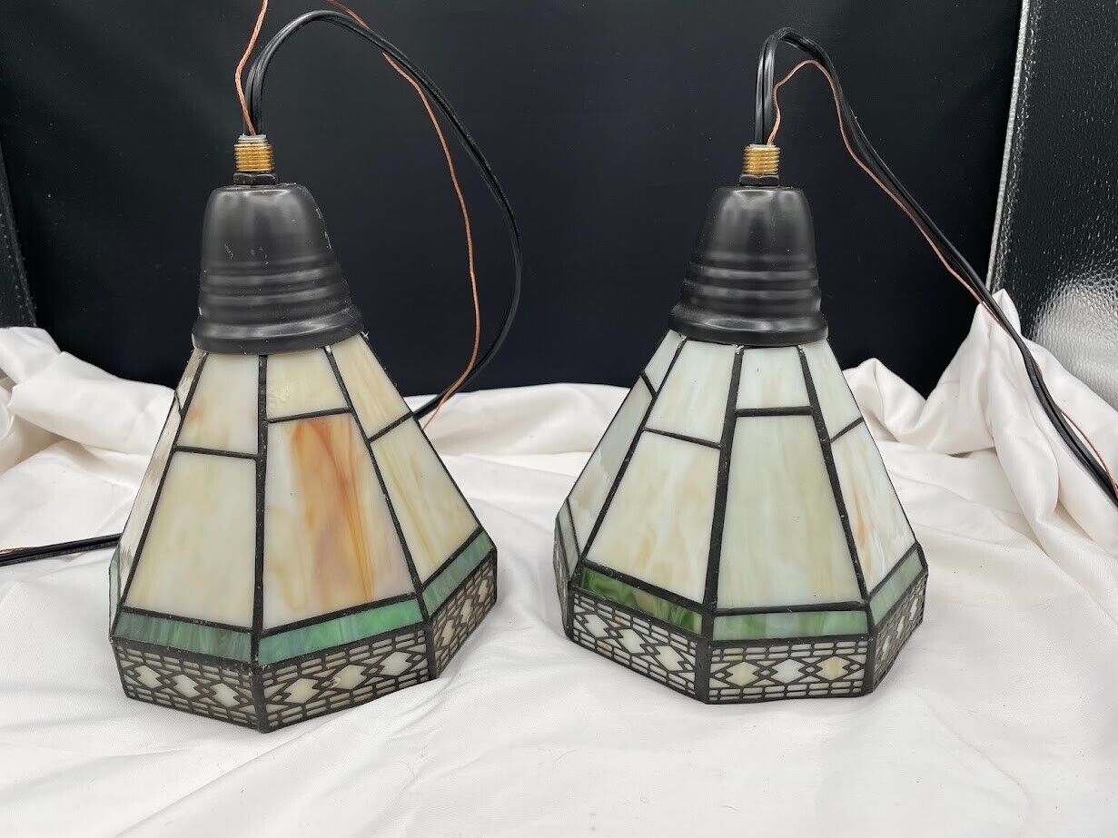 Pair of Spectrum Stained Glass Leaded Pendant Light Shades Green Beige Metal