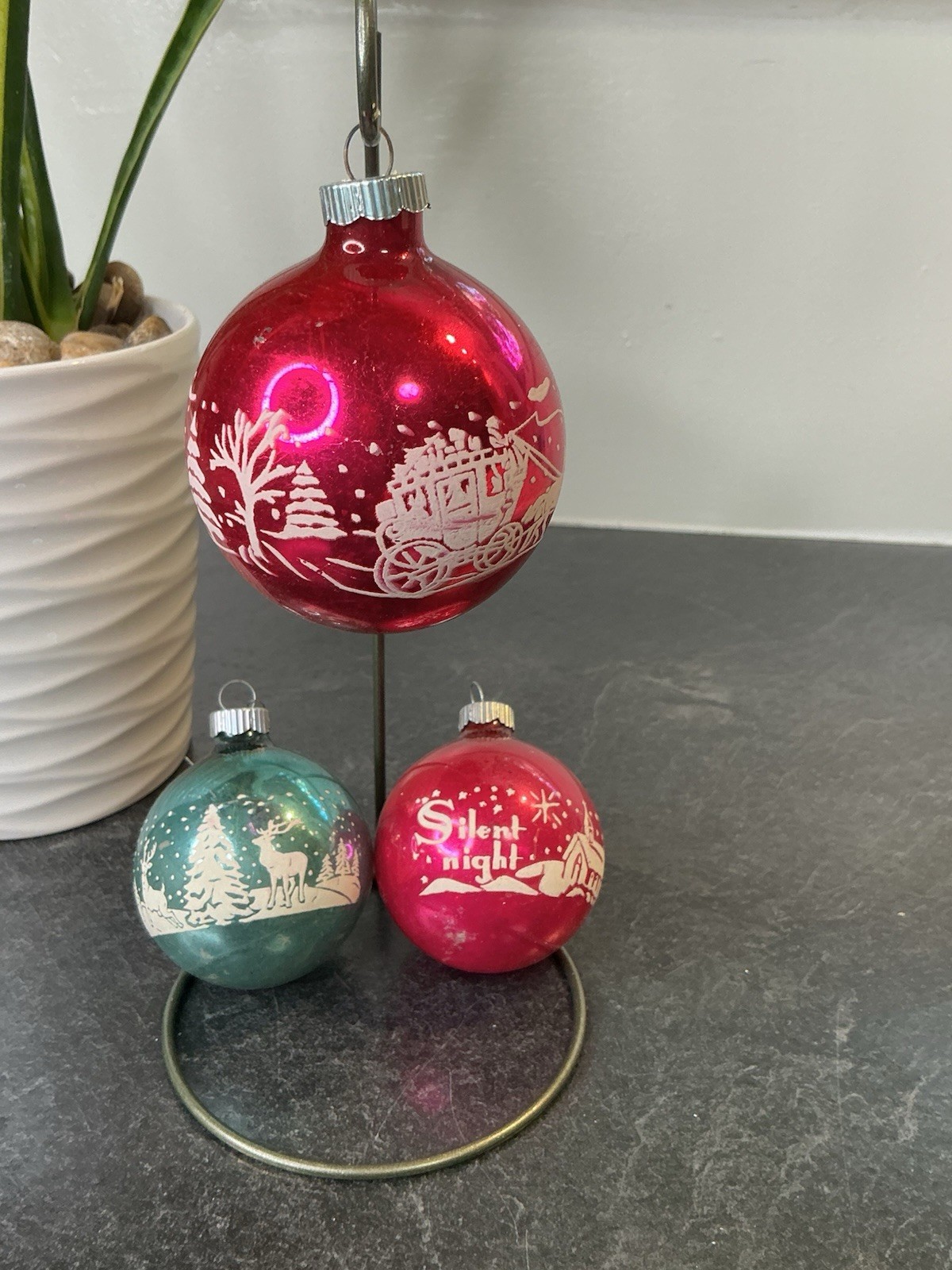 3 Shiny Brite Silent Night PINK & Green Winter Glass Stencil Christmas Ornament