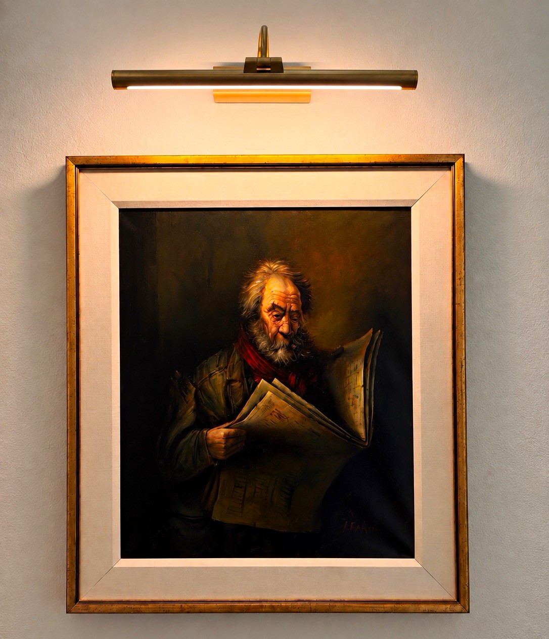 A. Falke Signed Oil Painting Old Man Reading Newspaper Pipe Framed Vintage