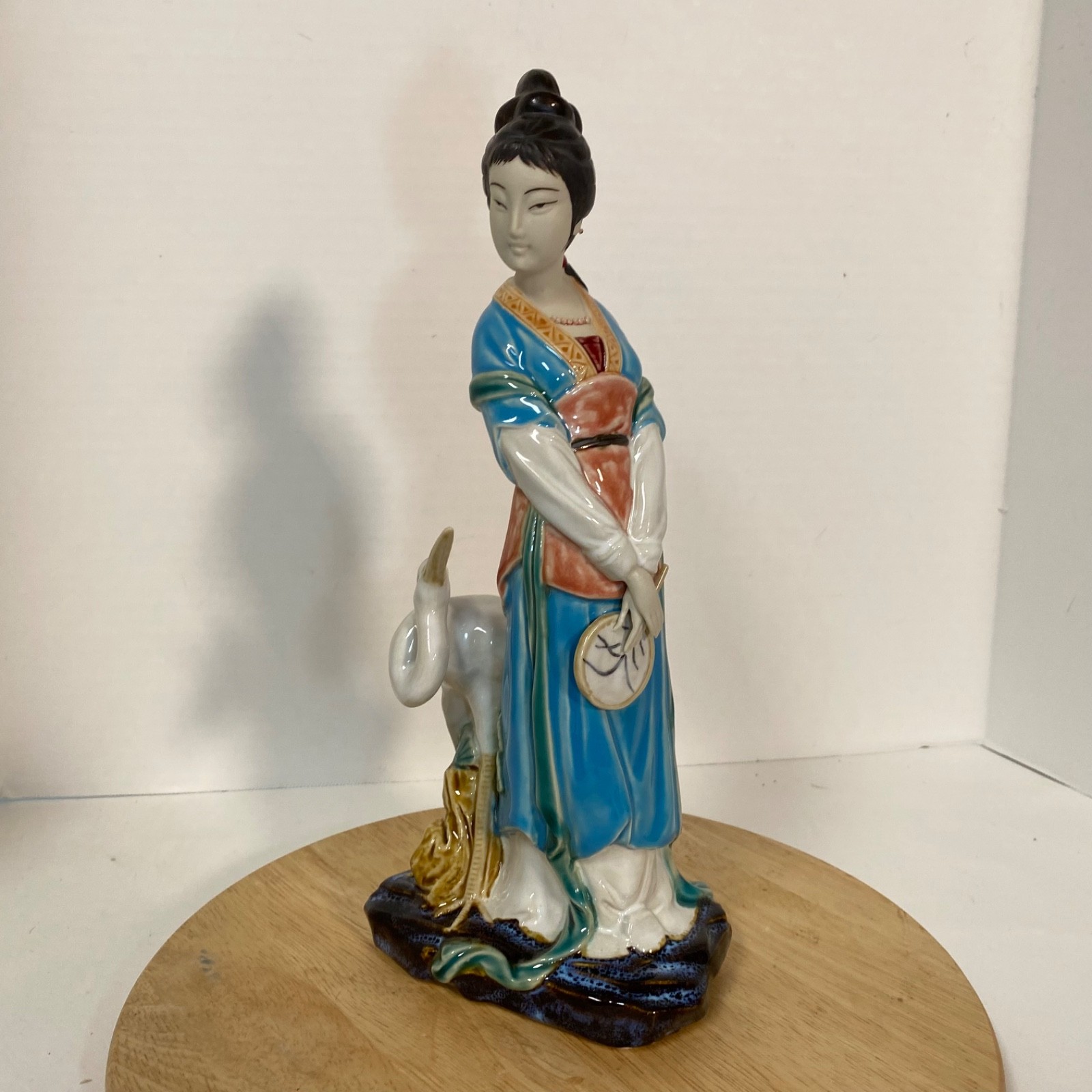 Vintage Shiwan Wucai Porcelain Chinese Beauty With Crane • Standing With Fan