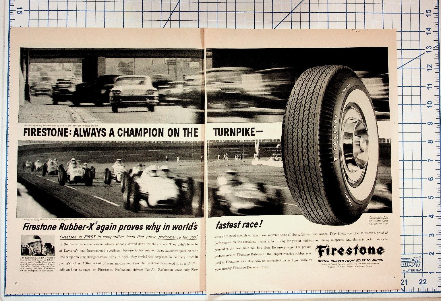 1960 Firestone Tires Vintage Ad Daytona Speedway Jim Rathmann Race Cars