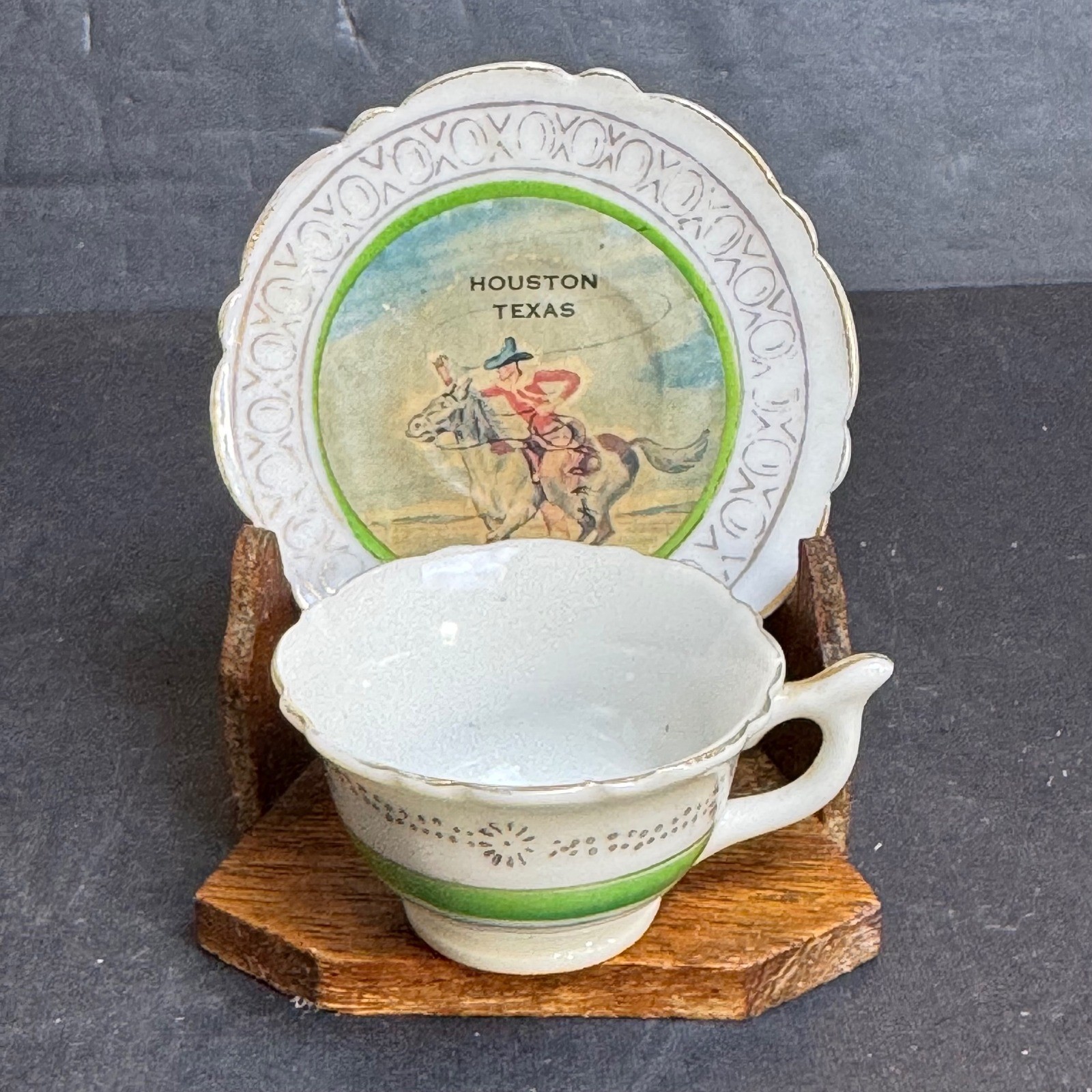 Vintage Houston Texas Souvenir Miniature Tea Cup Saucer Set Made in Japan Stand