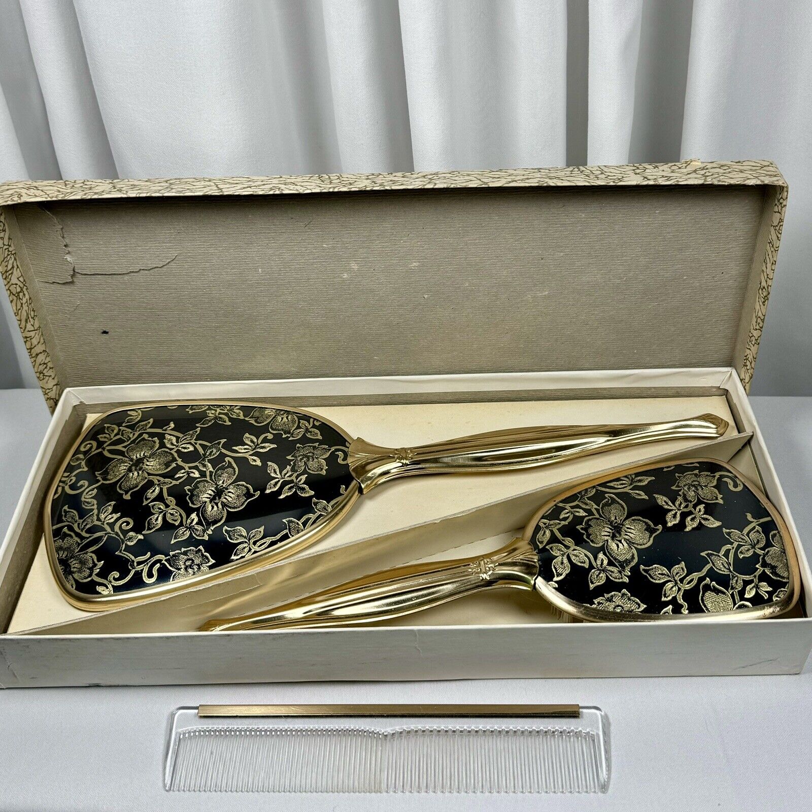 Vintage Matson Black and Gold Floral Vanity Dresser Set Brush Comb Mirror NIB