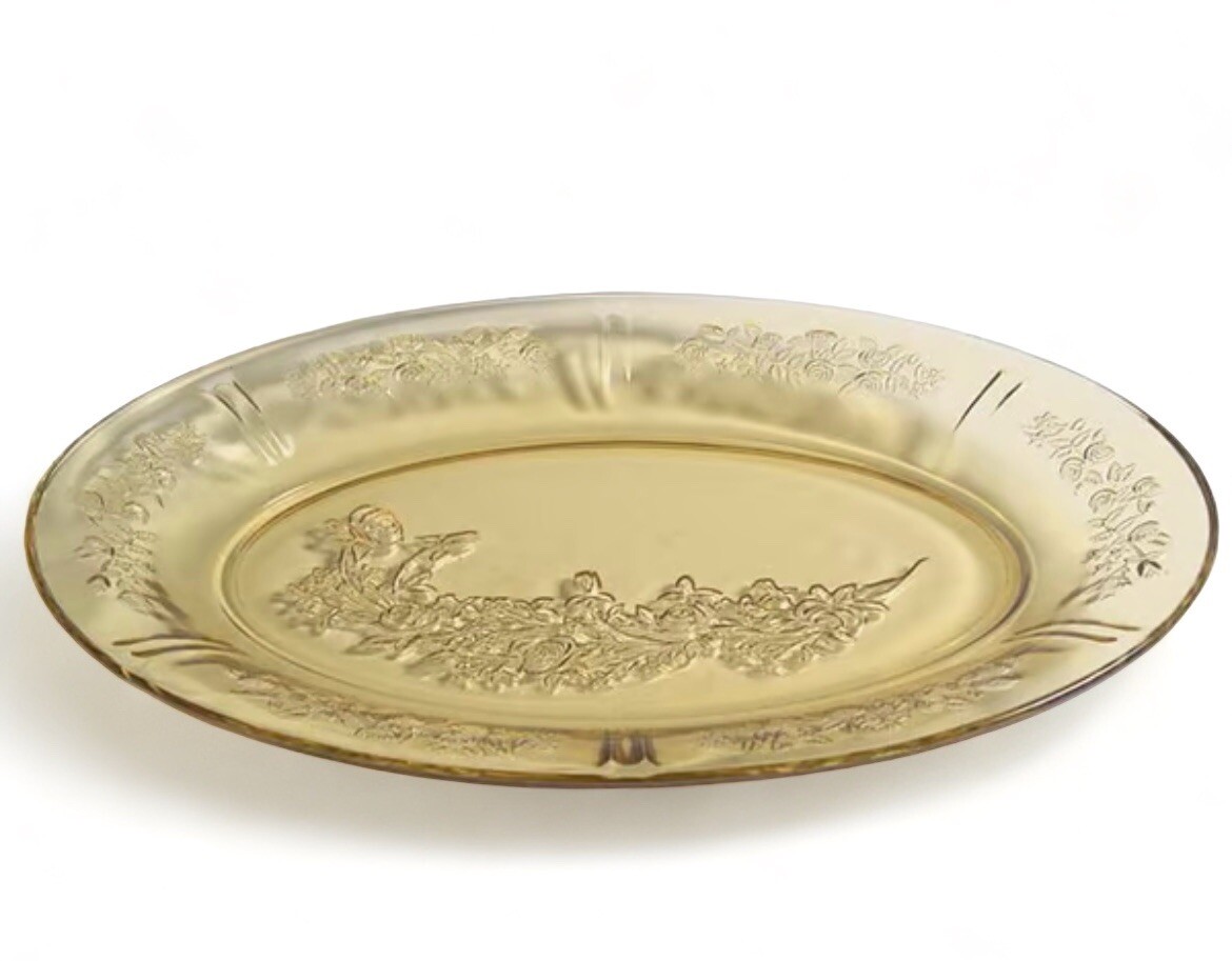 Federal Sharon Cabbage Rose Amber Oval Platter Depression Glass