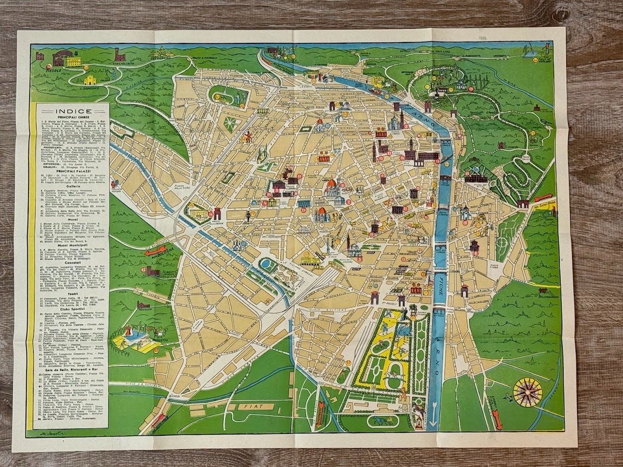 Vintage Illustrated Tourist Map of Florence Italy Firenze Landmarks Attraction