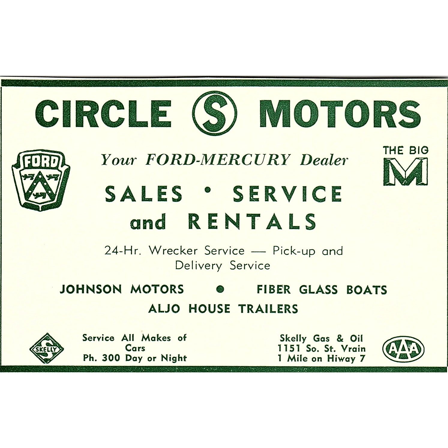 Circle S Motors Ford-Mercury Dealer 1957 Estes Park CO Ad AG4-H1 Circle S Motors Ford-Mercury Dealer 1957 Estes Park CO Ad AG4-H1