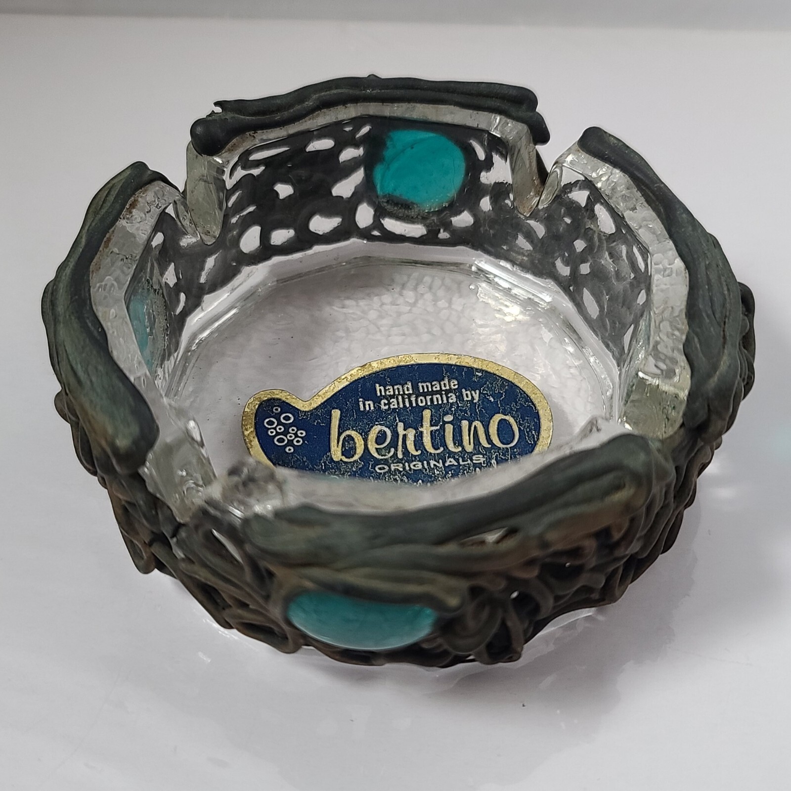 VTG MCM Bertino California Handmade Glass/Copper Arts & Crafts Ashtray Brutalist