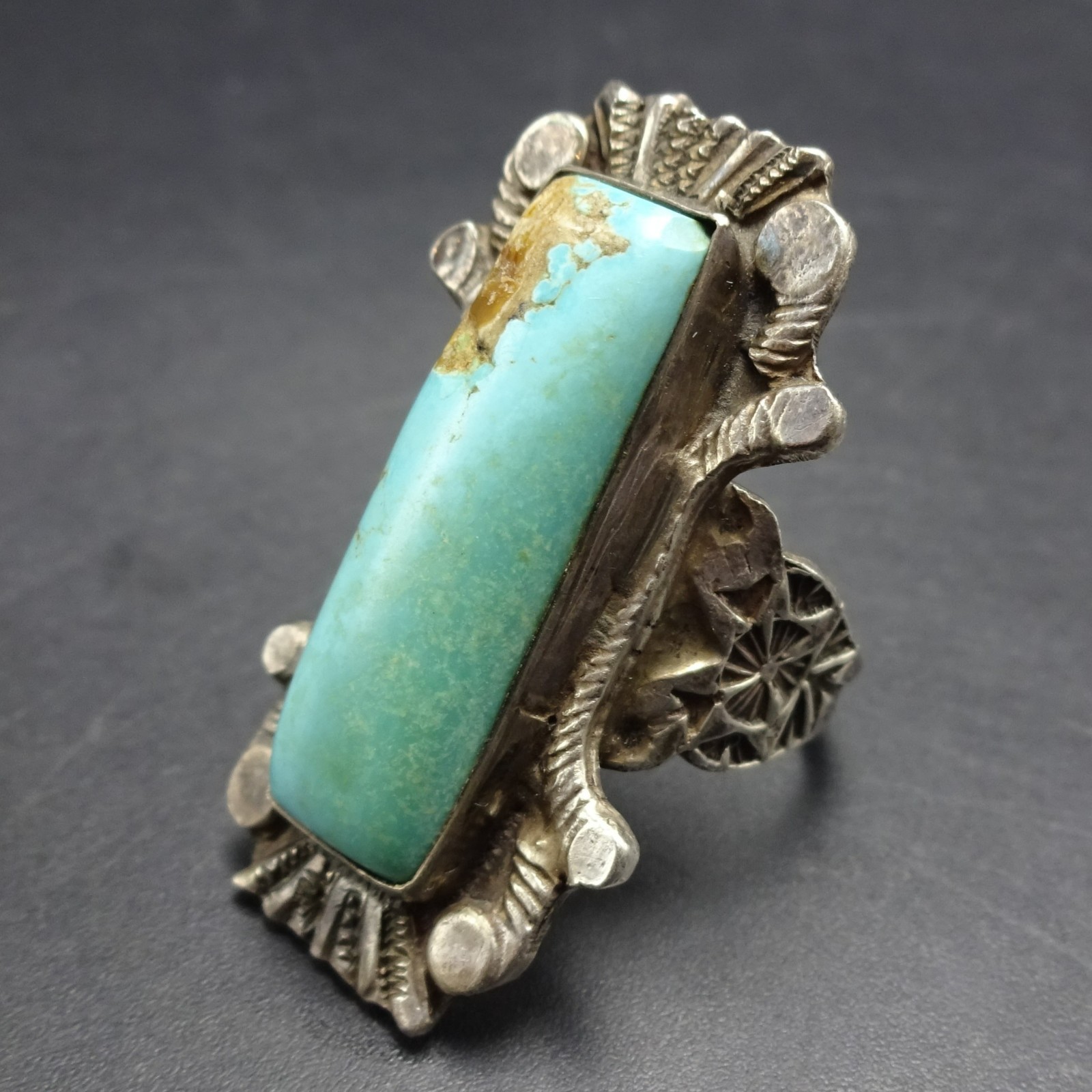 Old 1930s TURQUOISE Chisel Stamped Sterling Silver RING size 9 Vintage Pawn Old 1930s TURQUOISE Chisel Stamped Sterling Silver RING size 9 Vintage Pawn
