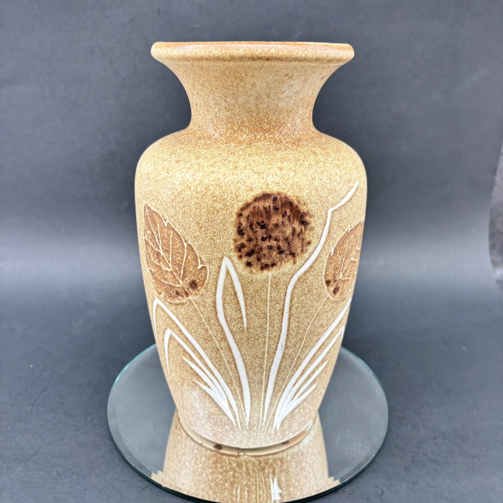 West German Pottery Mid Century 9.5” Vase Brown Leaves Vintage Germany MCM