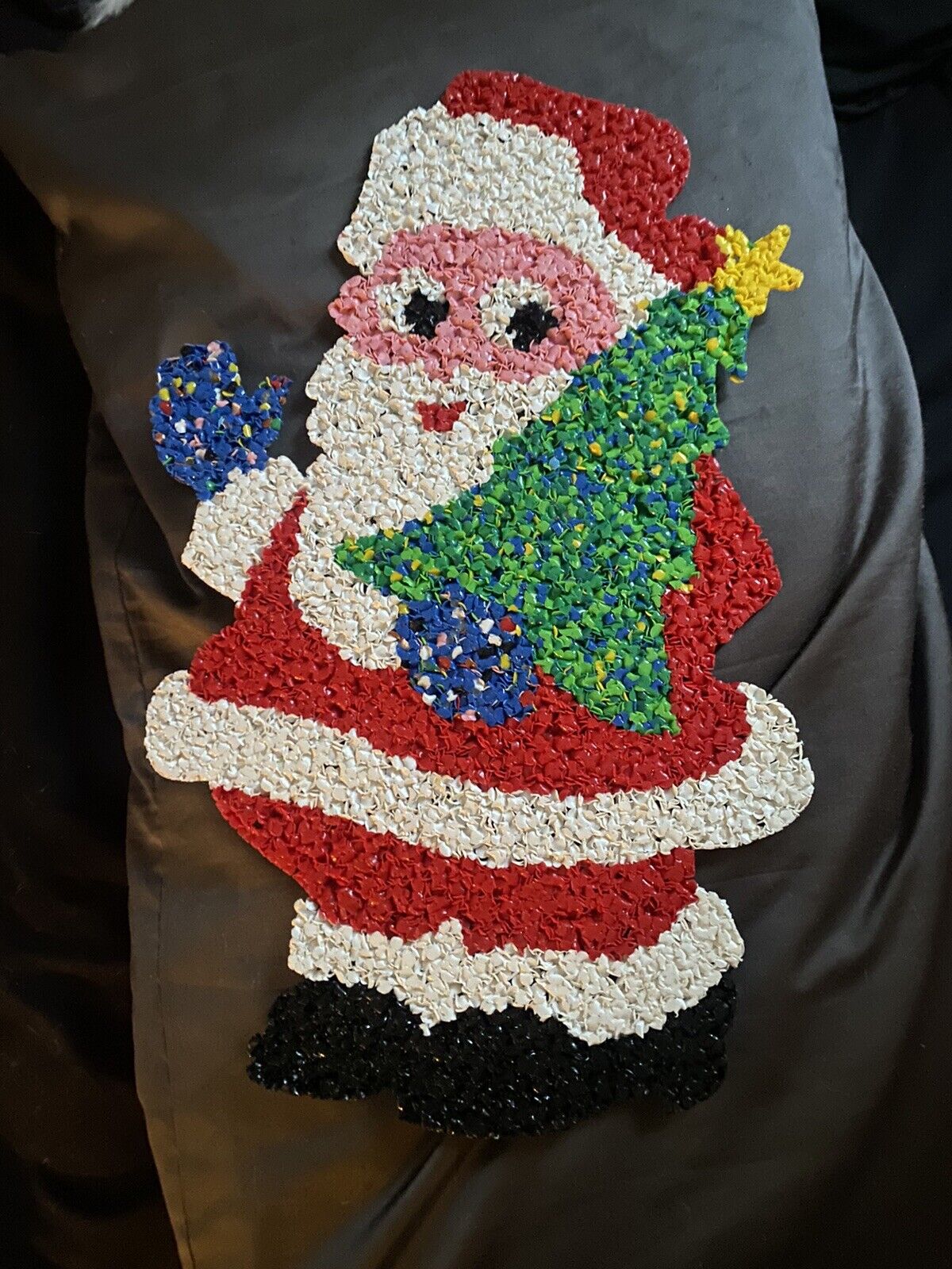 Christmas Santa With Tree Vintage Melted Plastic Popcorn Chip Decoration 70s