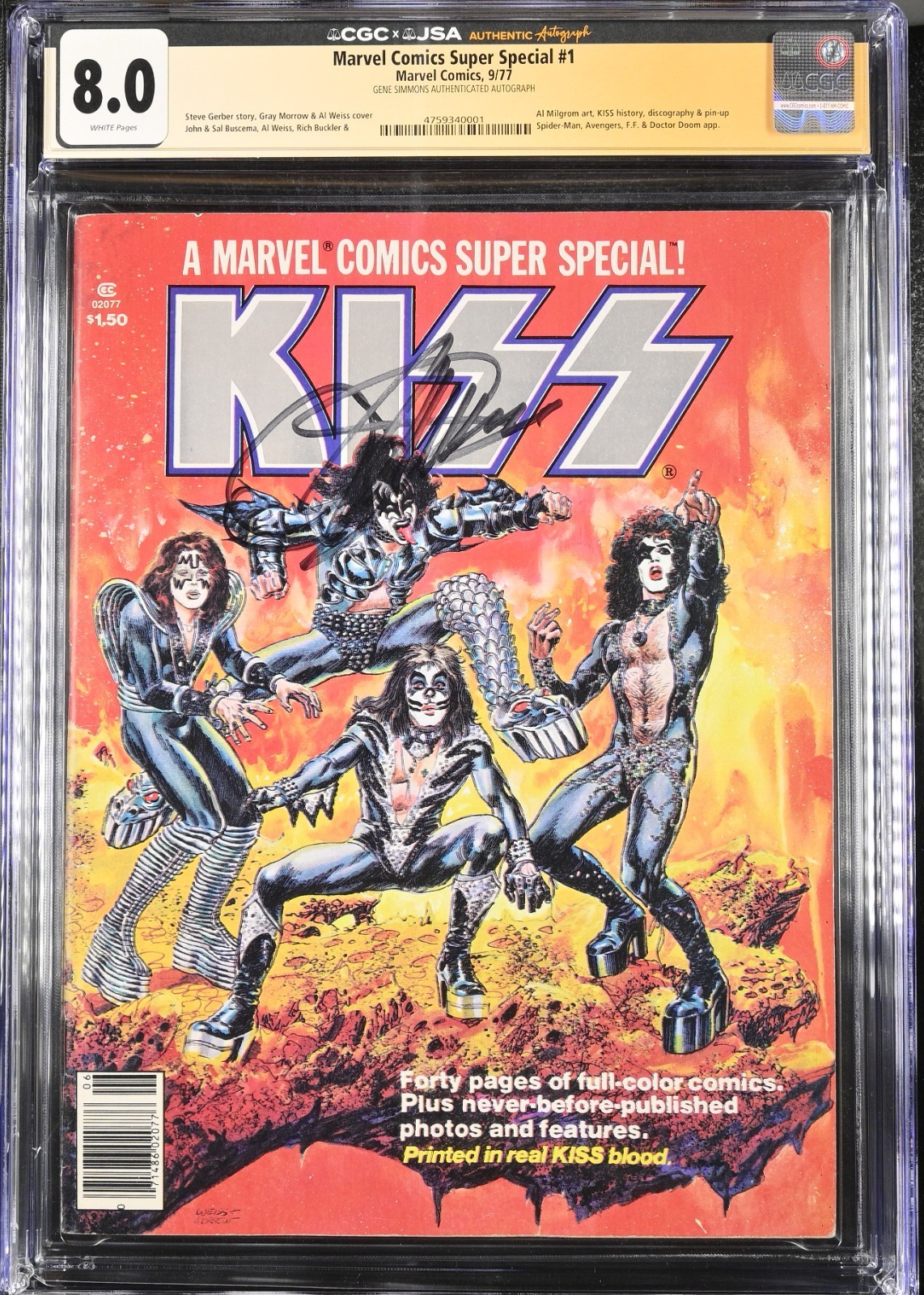 1977 Marvel Comics Super Special 1 JSA SS CGC 8.0 GENE SIMMONS Signed KISS Blood