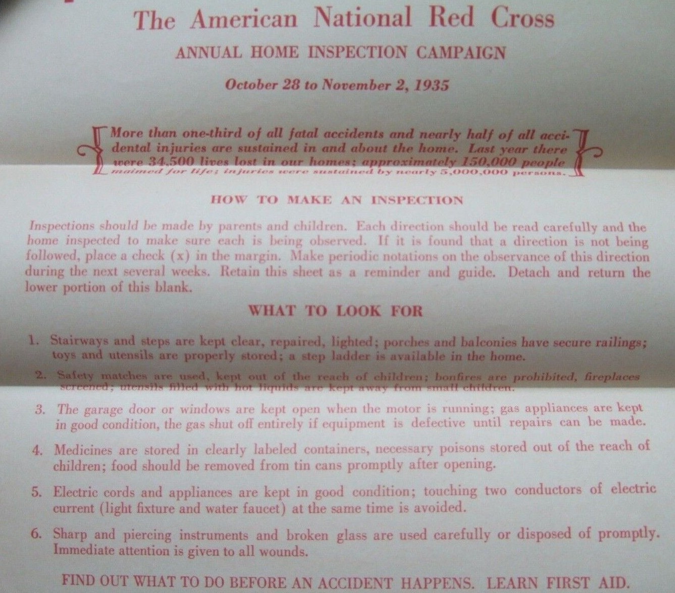 1935 American National Red Cross Annual Home Inspection Campaign Checklist Vtg