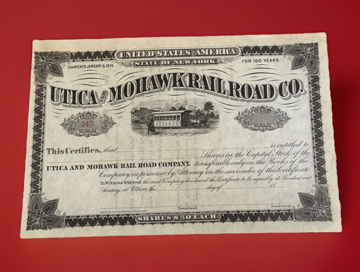 c18__ UTICA & MOHAWK RAILROAD Stock Unissued Unsigned Upstate NY Rail History