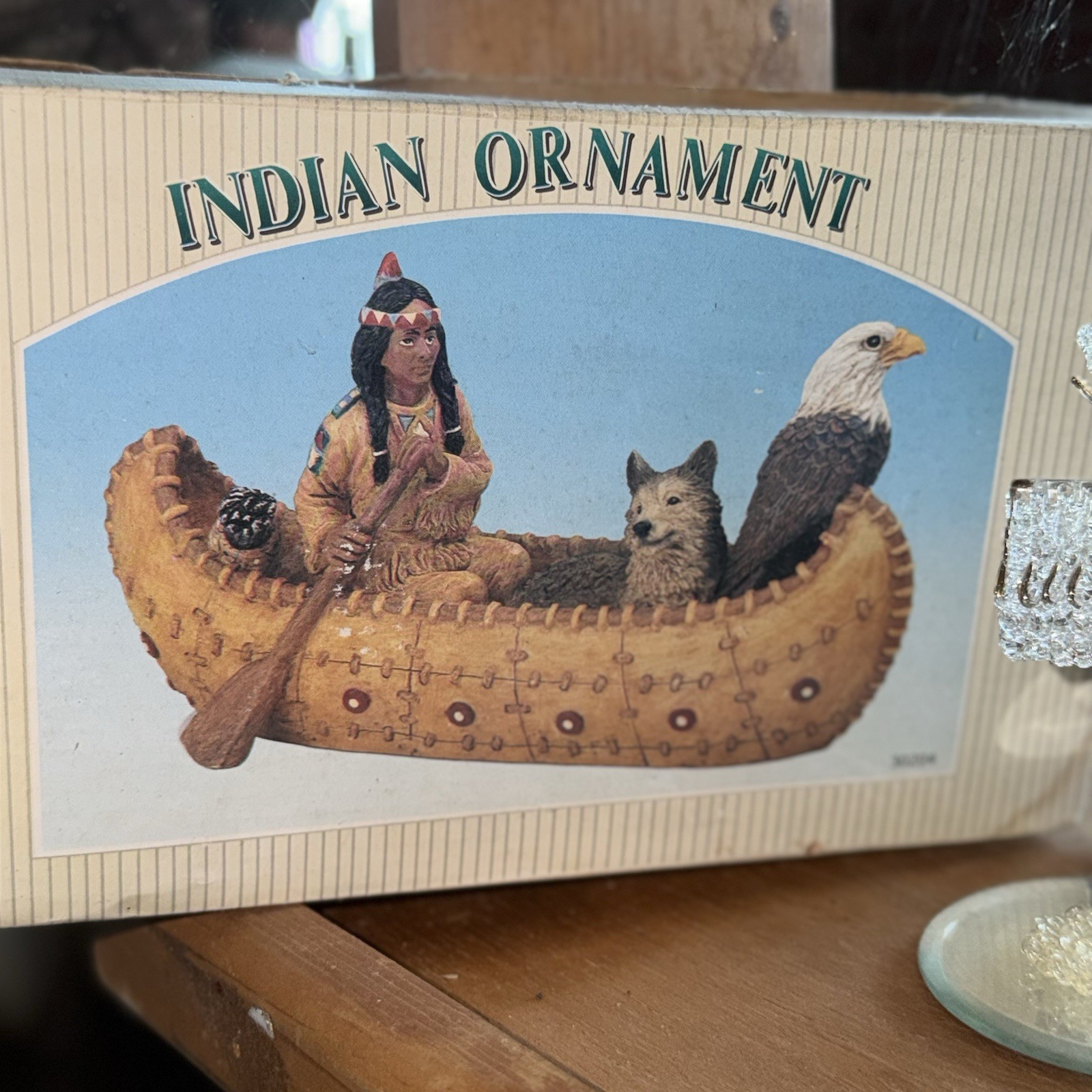 Resin Native American Canoe Figurine Eagle & Wolf, Multicolor 3D Matte