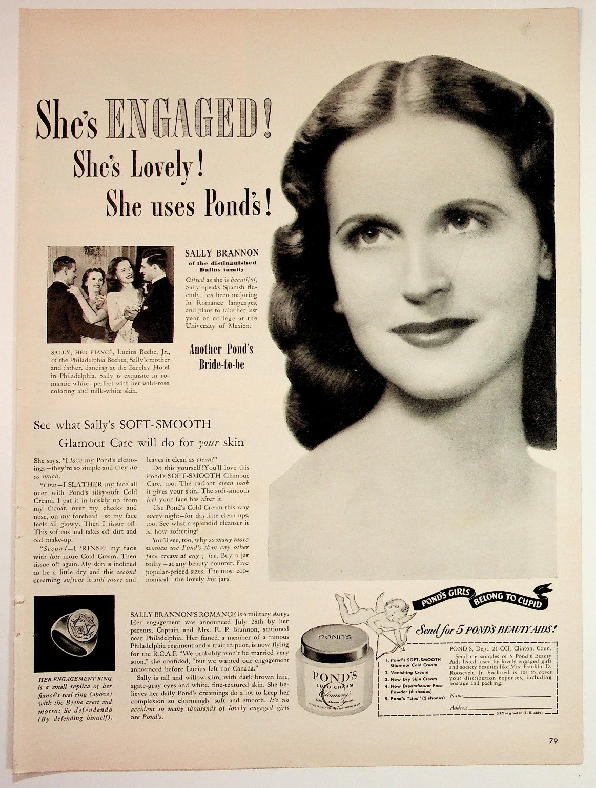 Pond's Cold Cream 1940s Magazine Ad Sally Brannon Engaged Bride WWII Era