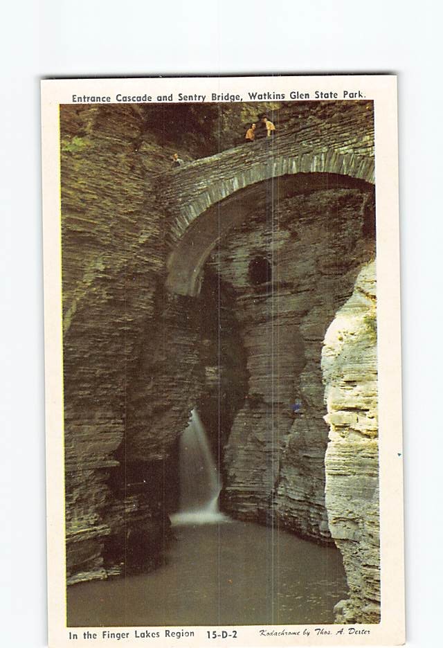 Postcard Entrance Cascade and Sentry Bridge Watkins Glen State Park New York USA