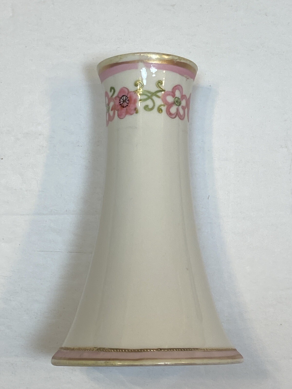 Nippon Vintage Old Hat Pin Holder? Bud Vase Pink Flower Green Gold Hand Painted
