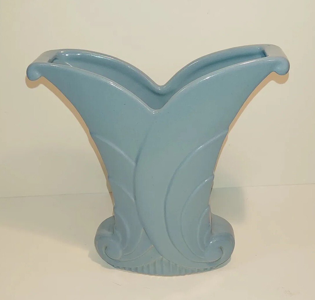 Vintage Abingdon Blue Art Deco Flared Fan Vase #502 with Embossed Scrollwork EUC