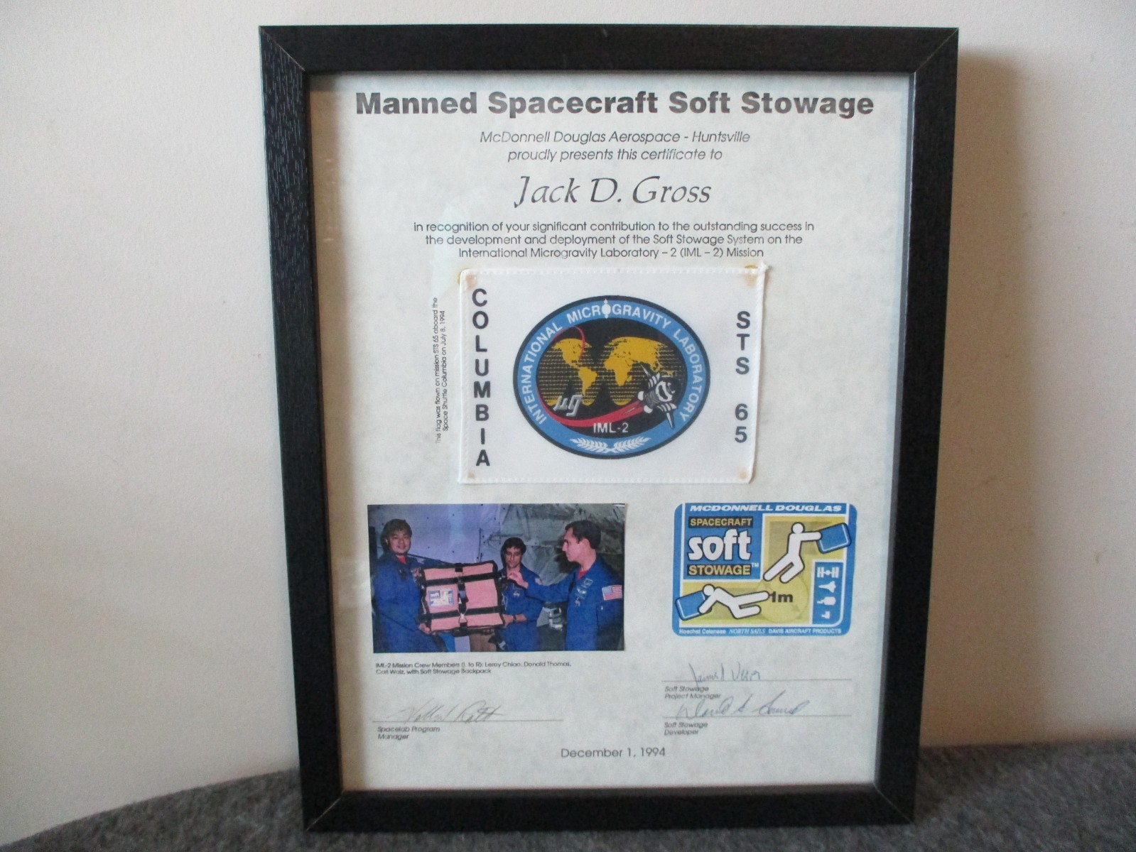 NASA MCDONNELL DOUGLAS SPACE SHUTTLE COLUMBIA STS-65 IML-2 FLOWN FLAG CERT