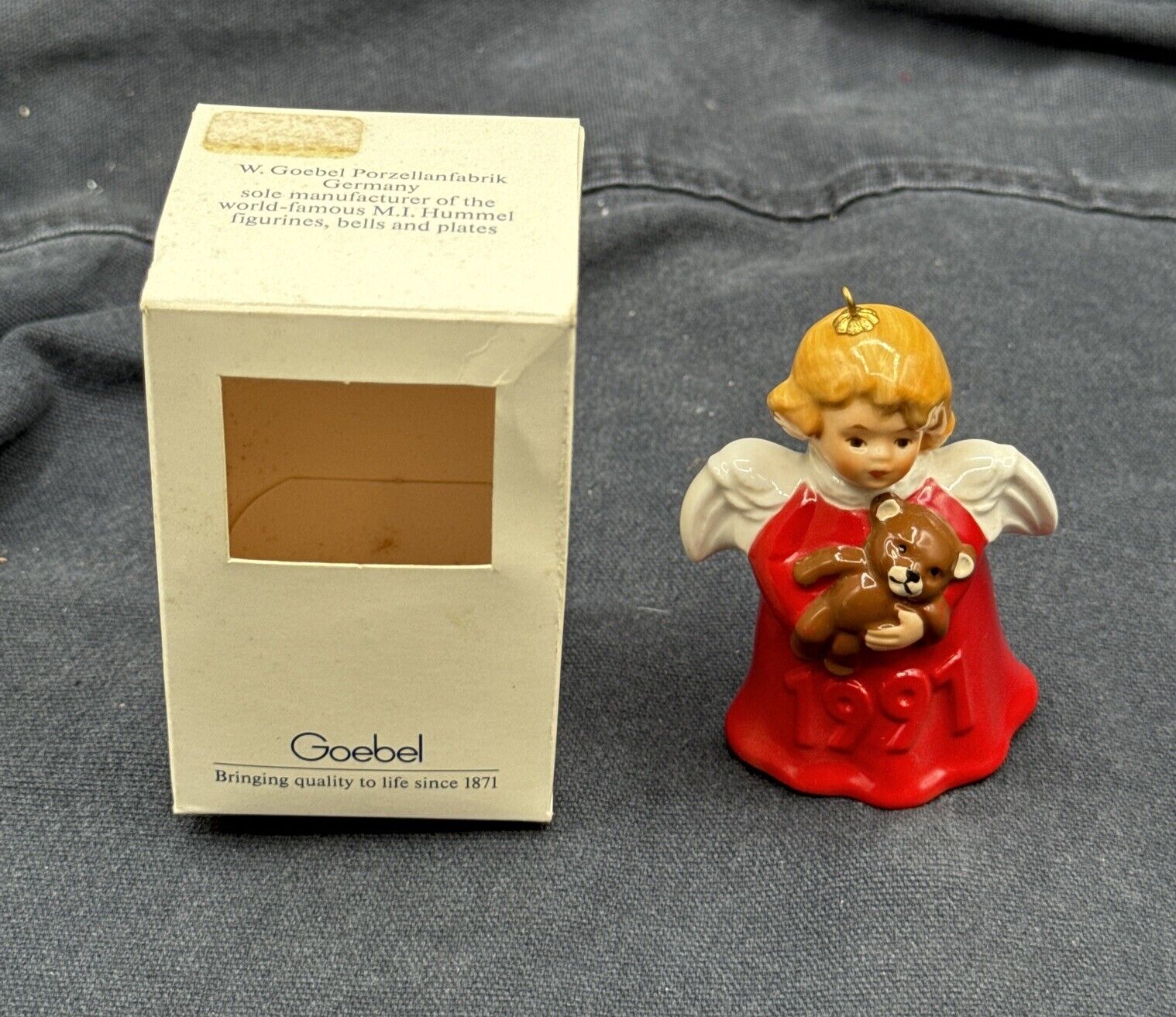Vintage Goebel 1991 Porcelain Angel Bell Ornament ~ Red with Teddy Bear