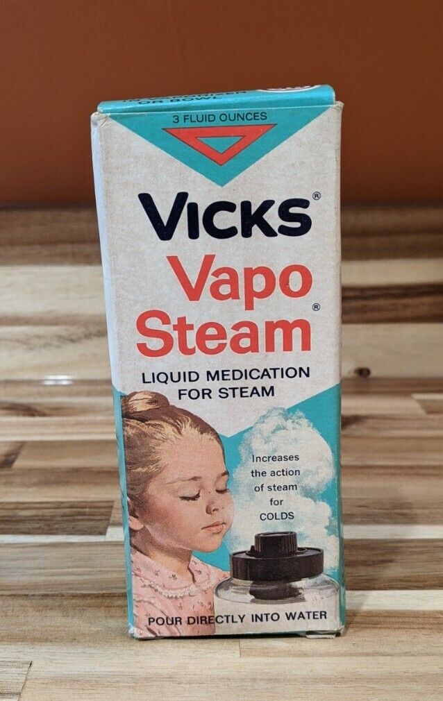 Vtg Vicks Vapo Steam 60s Packaging Full Bottle Box Instructions 3 Fl Oz Prop