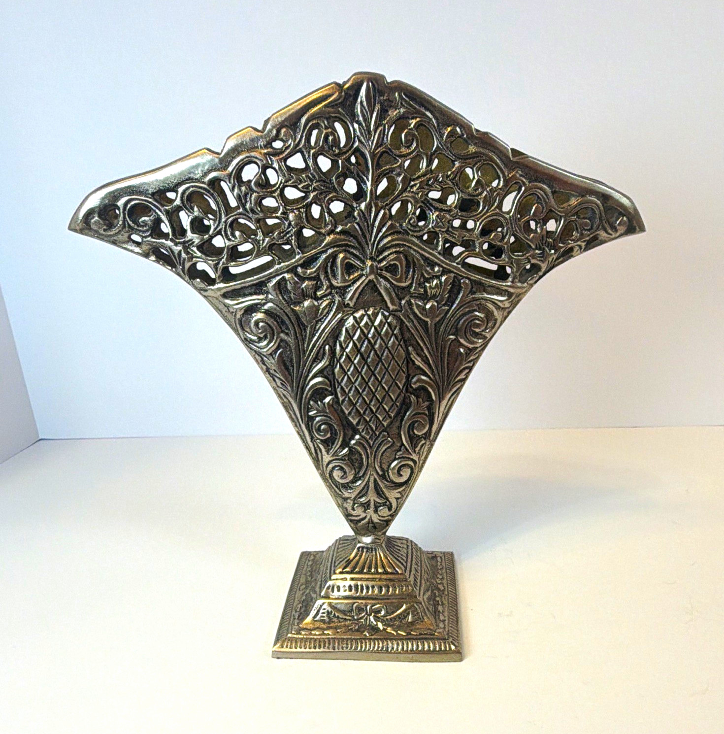 Art Nouveau Fan-Shaped Metal Vase, Floral Pattern Carvings, Metallic Finish
