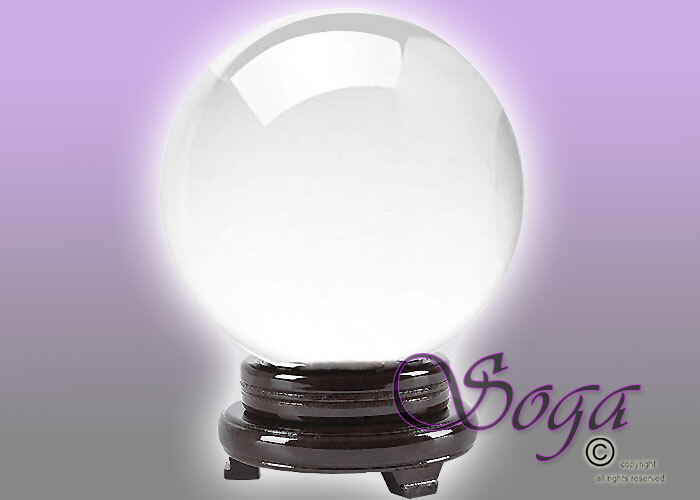 NEW CLEAR CRYSTAL BALL SPHERE QUARTZ W/ WOOD STAND 130MM 5\