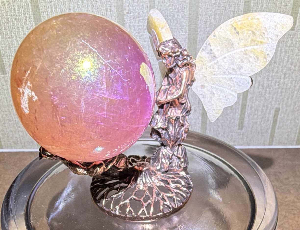 Fairy Figurine with Wings Holding Iridescent Crystal Ball Fantasy Decor