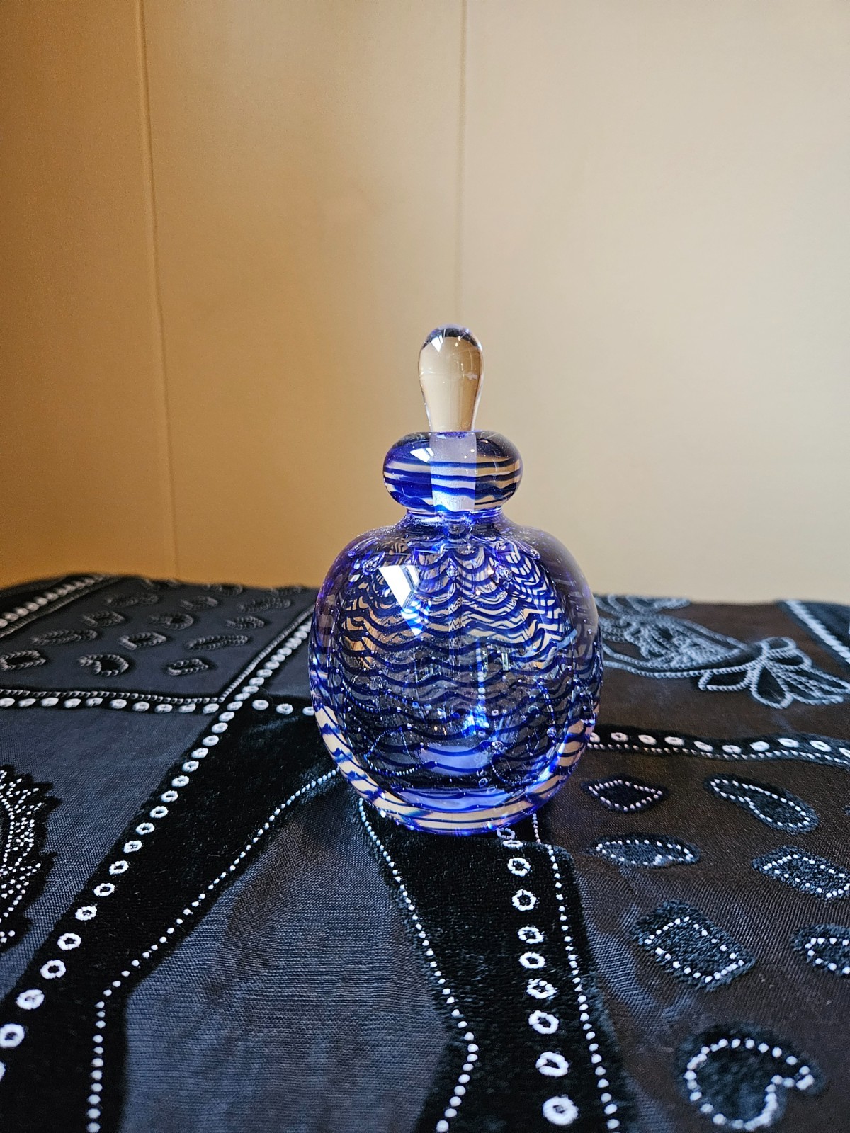 Karg signed vibrant blue and clear swirling pattern perfume bottle and stopper
