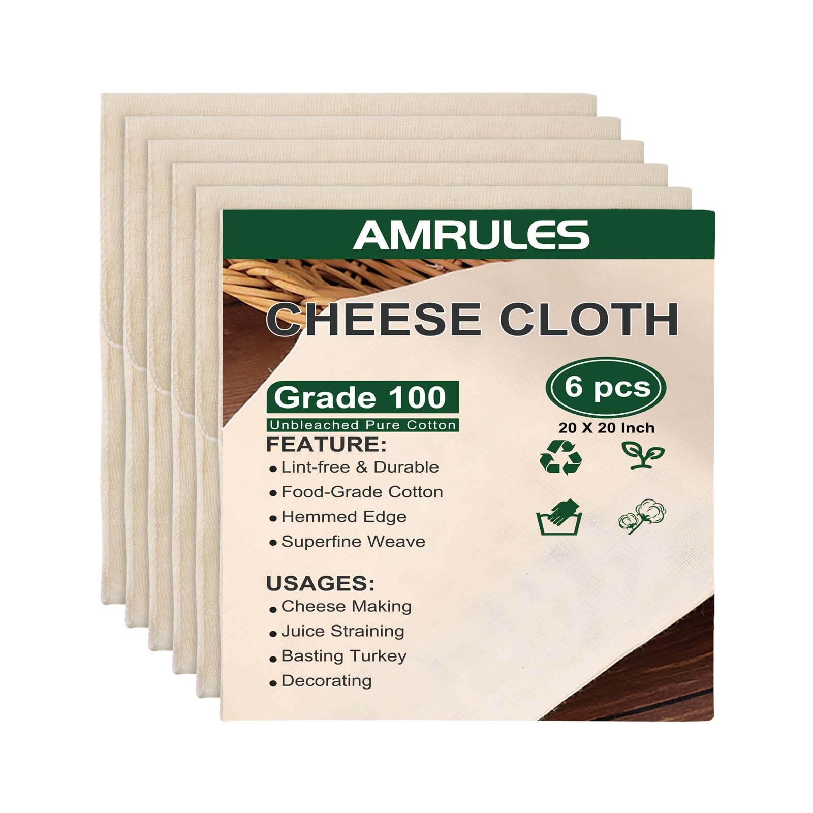 Amrules 6 Pcs Cheese Cloths, Grade 100, 20x20 Inch, Inch - 6 PC, Beige Amrules 6 Pcs Cheese Cloths, Grade 100, 20x20 Inch, Inch - 6 PC, Beige