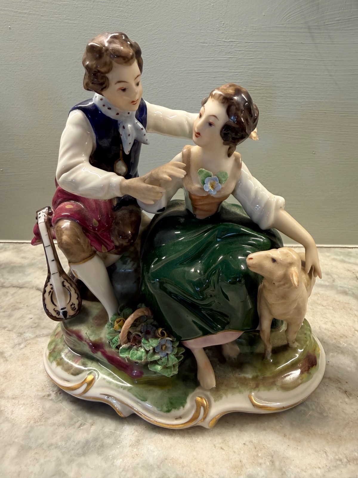 Vintage K&P Muller Germany Porcelain Courting Couple Lamb Mandolin Figurine 7.5\