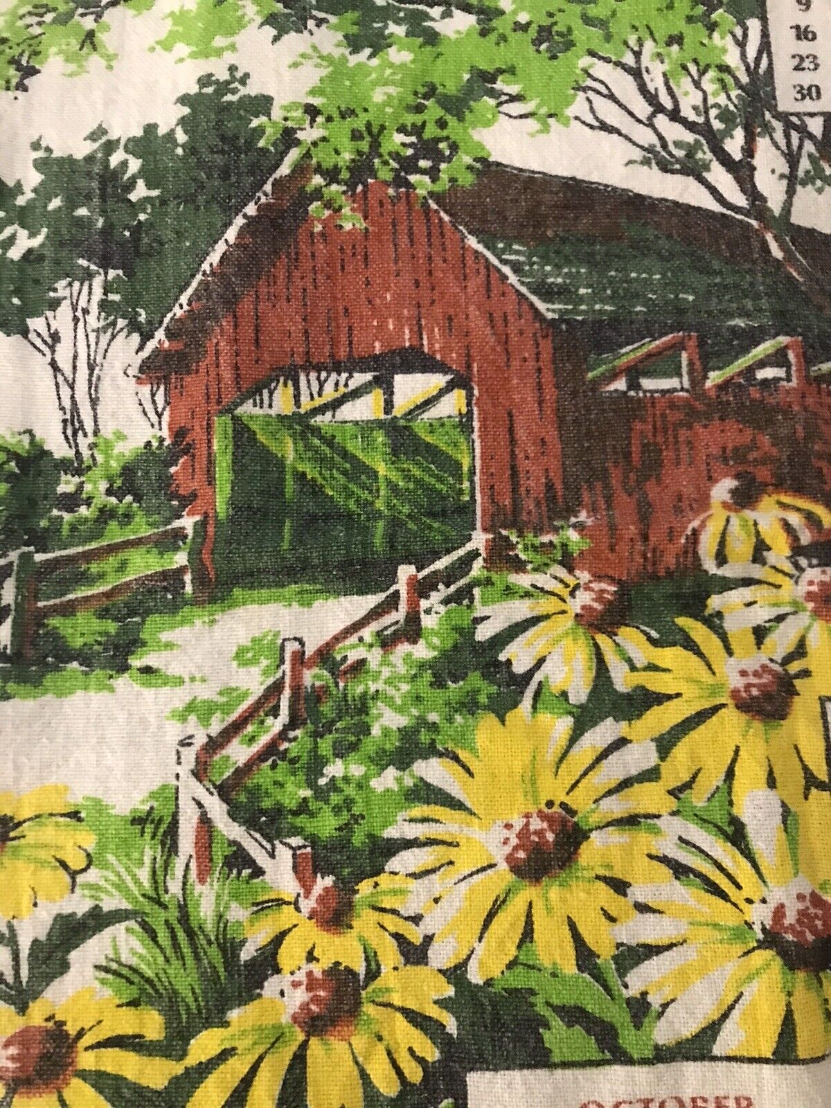52 YEAR OLD Cloth Calendar Barn Trees Covered Bridge Daisies Towel 1972 READ