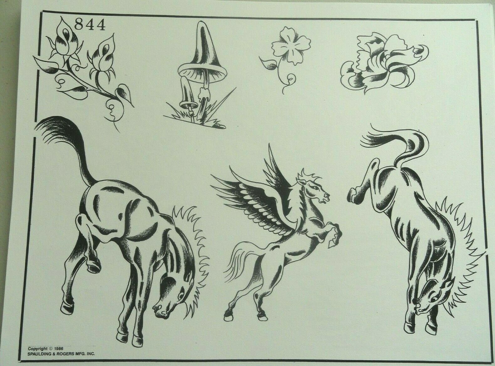 Vintage 1986 Spaulding & Rogers Tattoo Flash Sheet 844 Horses Pegasus Mushrooms
