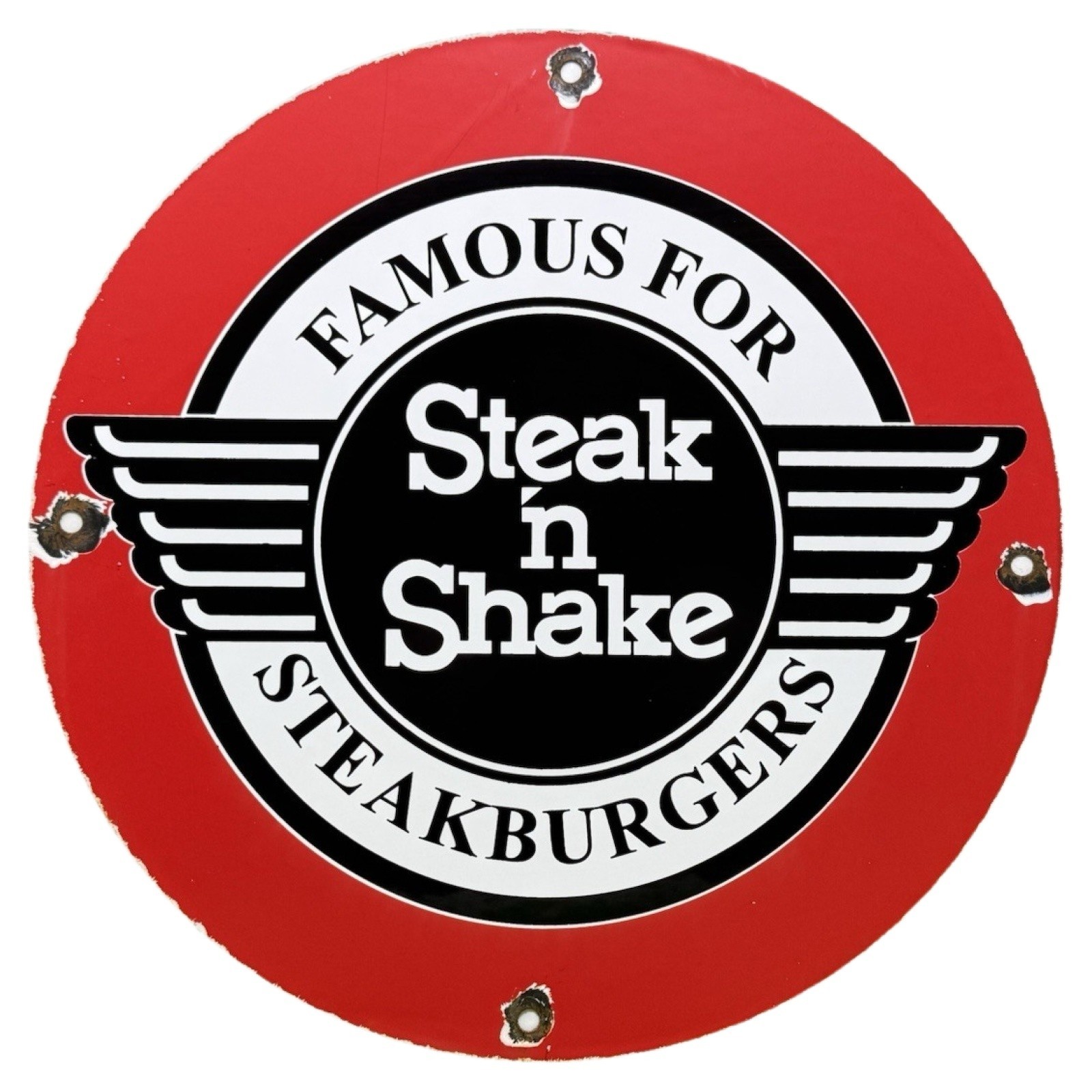 VINTAGE STEAK 'N SHAKE PORCELAIN SIGN FAMOUS FOR STEAKBURGERS DINER RESTAURANT