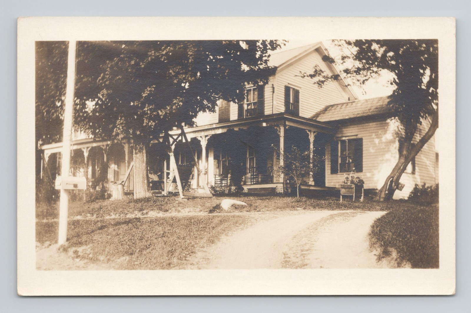 1927-40s RPPC Postcard Old Two Story House Dirt Driveway Mailbox Swing