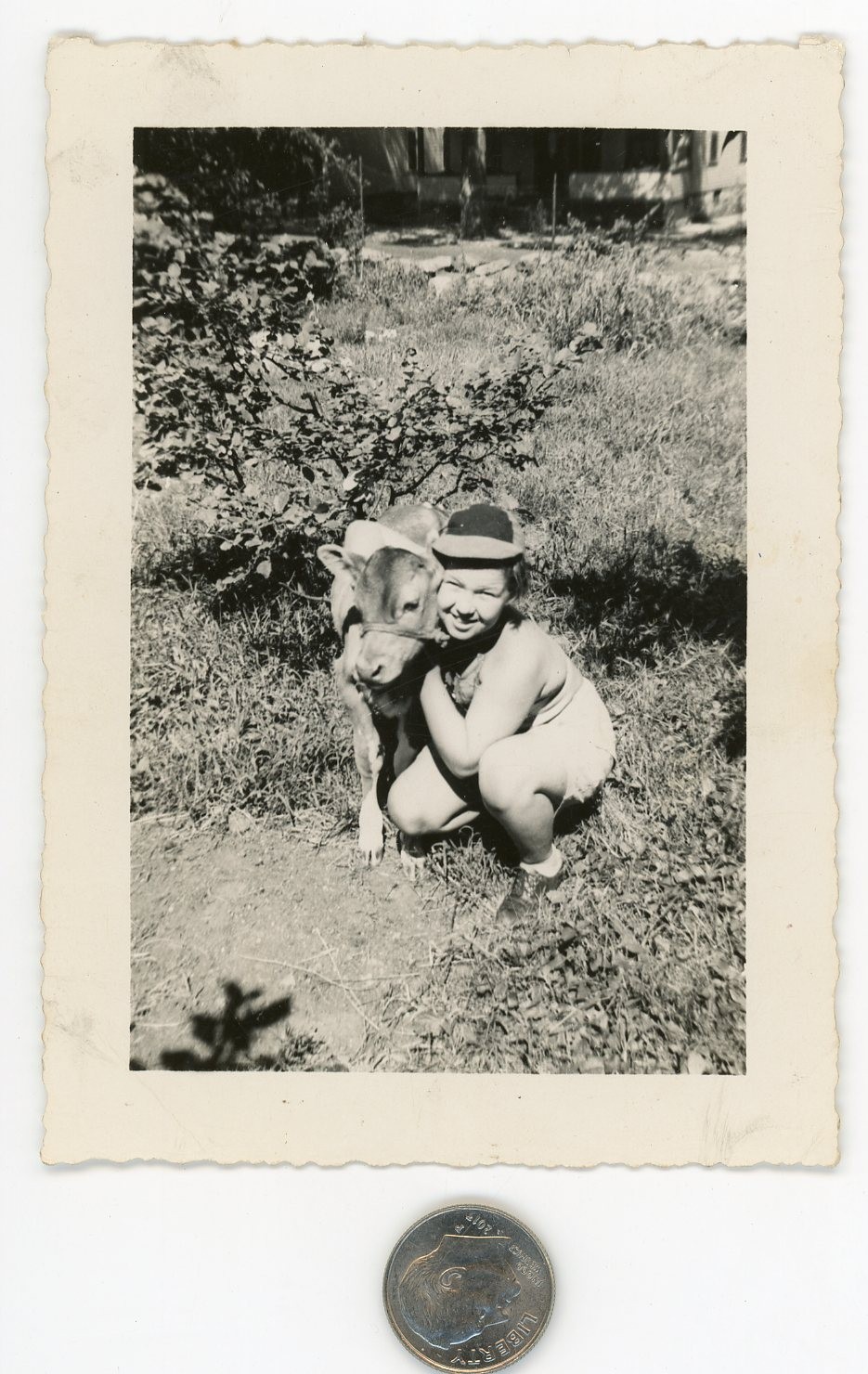 Vintage 1940's COW photo / Happy Child Hugging Her Sweet Calf - Bovine Farm Pets
