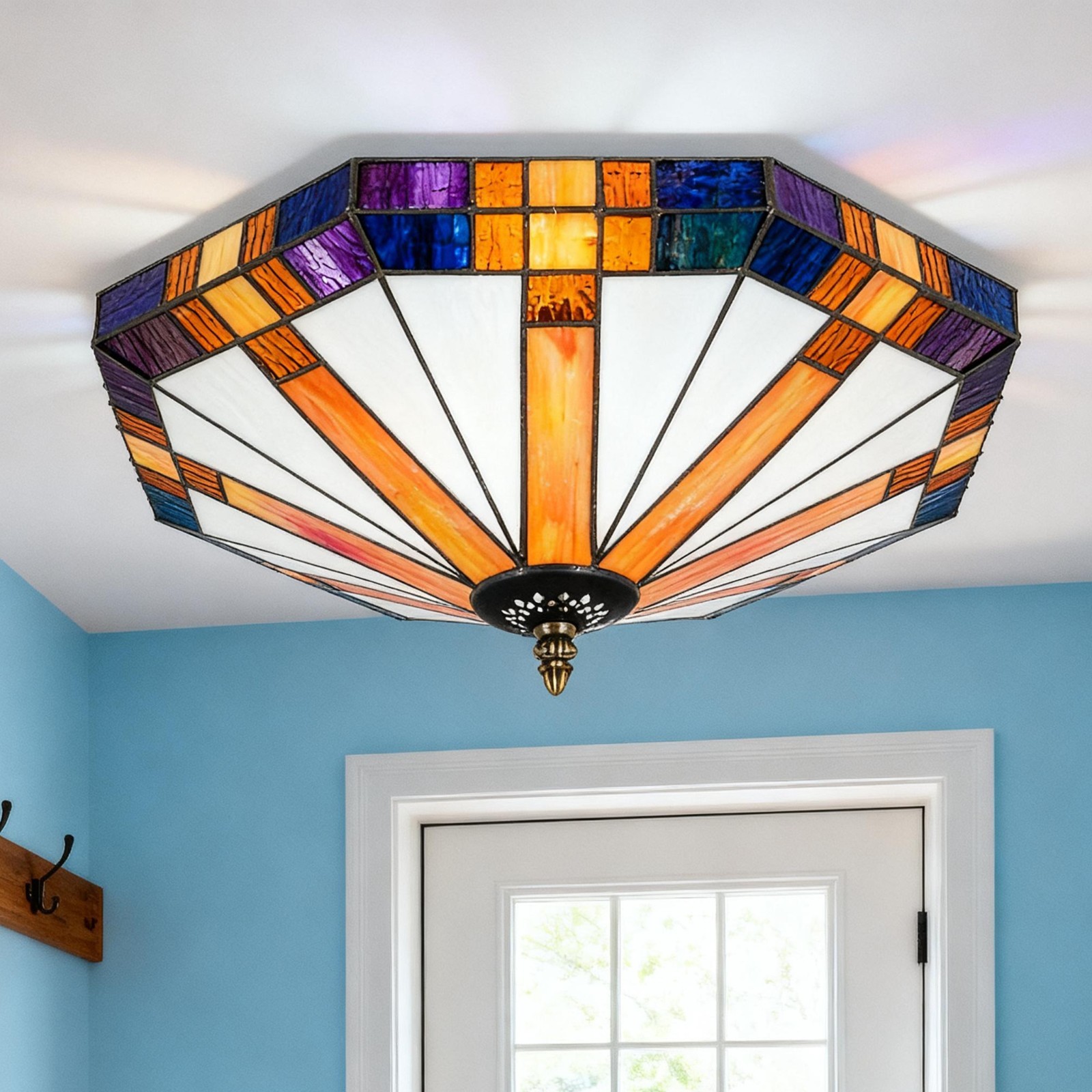 Tiffany Glass Living Room Ceiling Light, Retro Octagonal Three Headed Lamp, New
