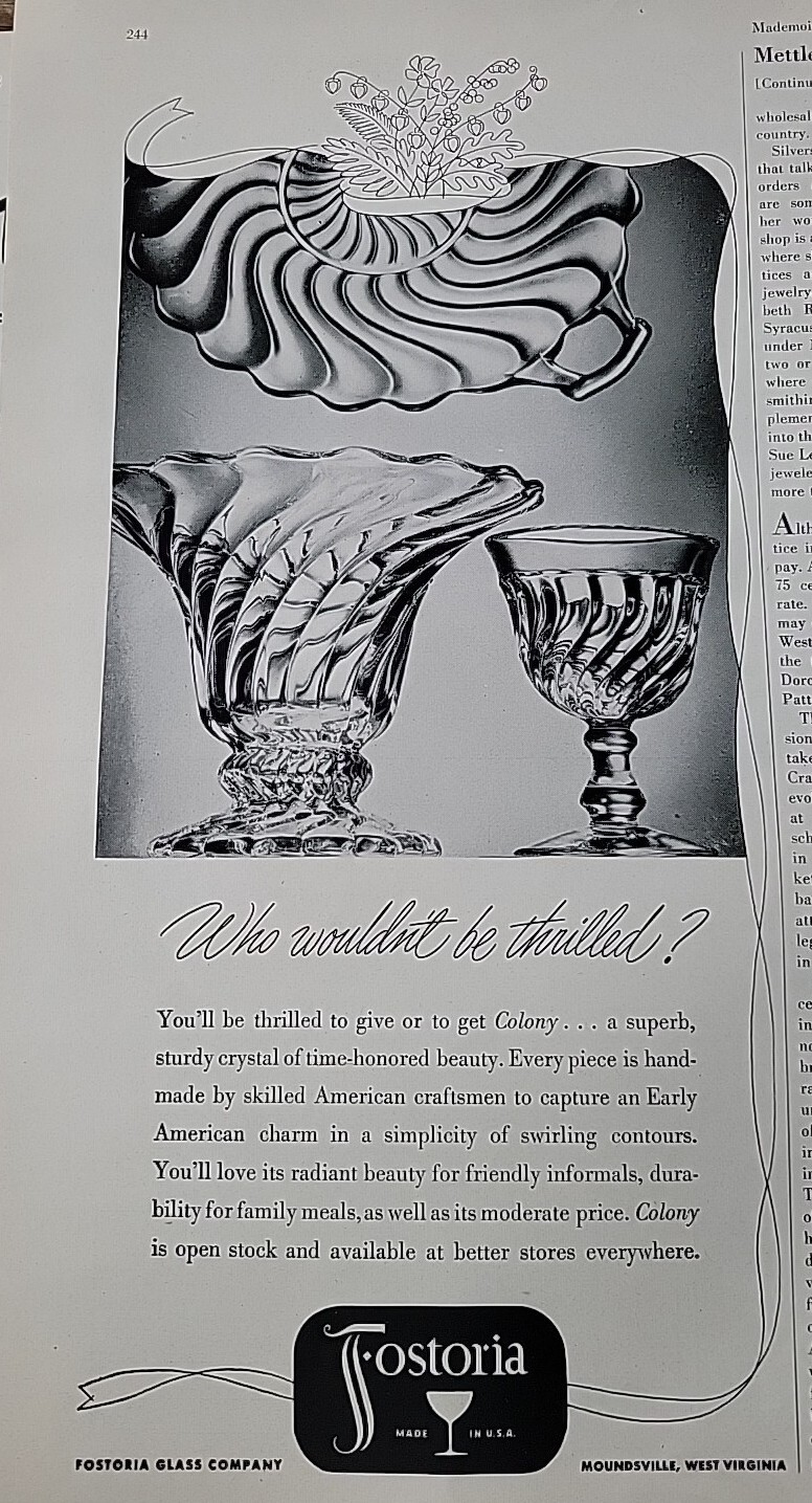1947 Fostoria Colony Pattern Glass Plate Goblet vintage Glassware  ad